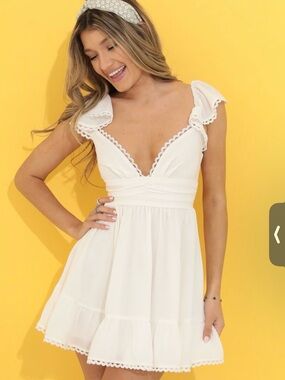 Lucy in the Sky White V-Neck Ruffle Mini Dress